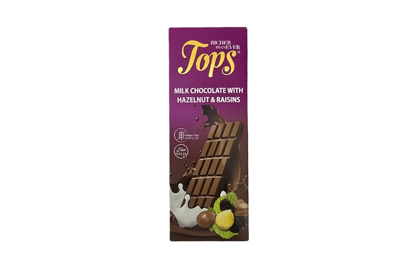 TOPS MILK CHOCOLATE WITH HAZELNUT & RAISINS SUGER FREE 100G